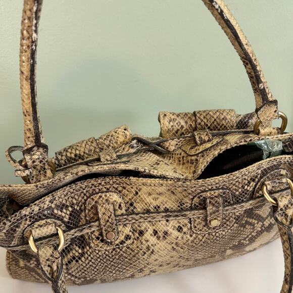 Michael Kors Satchel Shoulder Handbag Brown Tan Python Buckle Double Top Handles - Picture 10 of 12